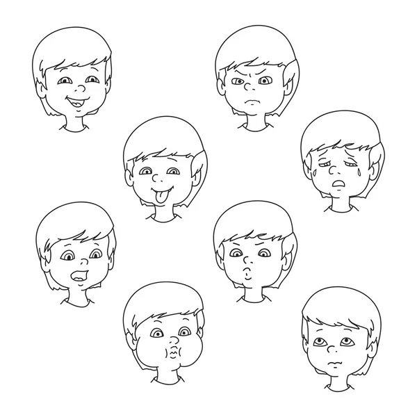 Gestes émotionnels du visage de l'enfant, illustration vectorielle en noir et blanc — Image vectorielle