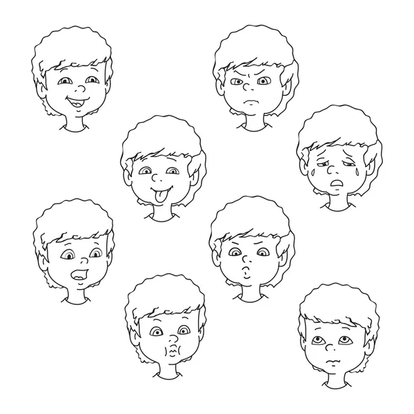 Gestos de emoción facial infantil, ilustración vectorial en blanco y negro — Vector de stock