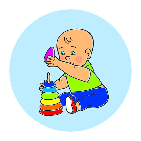 Küçük bebek güzel çocuk oyuncakları ile oynarken. Oğlu ile piramit çalıyor — Stok Vektör