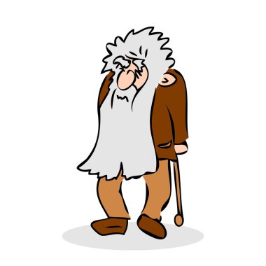 Komik ihtiyar şapka ve yürüyüş baston. Dedesi uzun sakallı. Beyaz arka plan üzerinde renkli karikatür vektör çizim