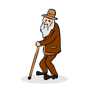 Komik ihtiyar şapka ve yürüyüş baston. Dedesi uzun sakallı. Beyaz arka plan üzerinde renkli karikatür vektör çizim