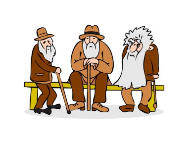 Komik üç yaşlı adam bankta oturuyor. Yaşlı adam şapka ve yürüyüş baston. Üzgün dedesi bir bankta oturan uzun sakallı. Eski grup konuşması. Beyaz arka plan üzerinde renkli karikatür vektör çizim