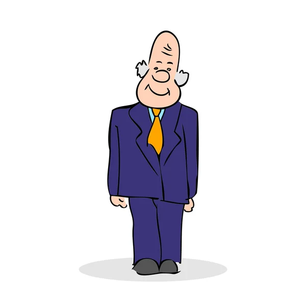 El viejo gracioso se para. Hombre mayor de negocios sonriendo, usando un traje y una corbata. Ilustración colorida del vector de la historieta en fondo blanco — Vector de stock