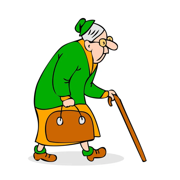 Alte Frau mit Stock und Tasche. Großmutter mit Brille beim Gehen. gebückte ältere Dame mit einem Stock. bunte Cartoon-Vektor-Illustration auf weißem Hintergrund — Stockvektor