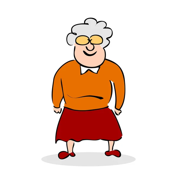 Funny elderly lady with glasses. Grandmother standing. Colorful cartoon vector illustration on white background — Stock Vector