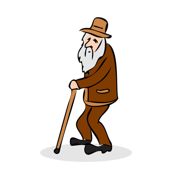 Смешной старик в шляпе и с тростью. Дедушка с длинной бородой. Цветной векторный рисунок на белом фоне
