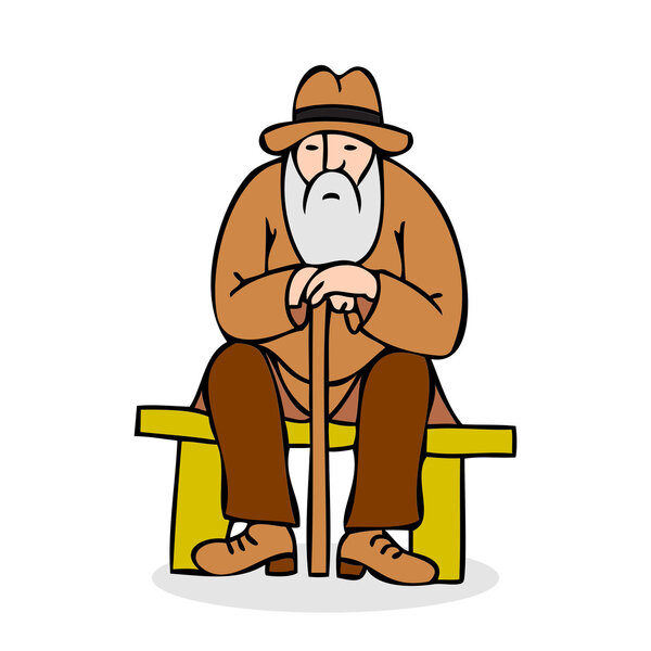 Смешной старик в шляпе и с тростью. Дедушка с длинной бородой сидит на скамейке. Цветной векторный рисунок на белом фоне
