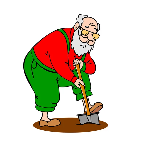 Komik ihtiyar bahçede çalışan. Dedesi uzun sakal kürek ile temelden kazıyor. Beyaz arka plan üzerinde renkli karikatür vektör çizim