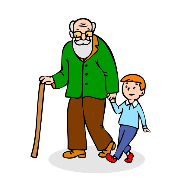 Nonno con nipote. Divertente vecchio con bastone da passeggio e con ragazzo. Illustrazione colorata del vettore del fumetto su sfondo bianco — Vettoriale Stock