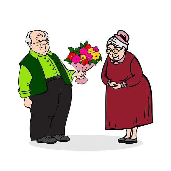 Casal idoso feliz. Velho com um buquê de flores. Homens idosos dá buquê de senhora idosa. Homem mais velho engraçado e uma mulher. Festivamente vestido velho casal. Desenhos animados coloridos ilustração vetorial no fundo branco —  Vetores de Stock