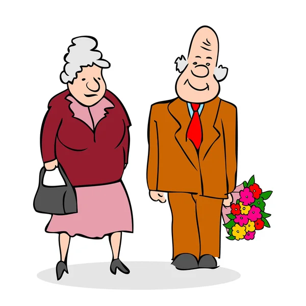 快乐的老年夫妇。老人用一束鲜花。老年男性给老太太的花束。有趣的老男人和一个女人。欢乐地穿着那对老夫妇。白色背景上的彩色卡通矢量图 — 图库矢量图片