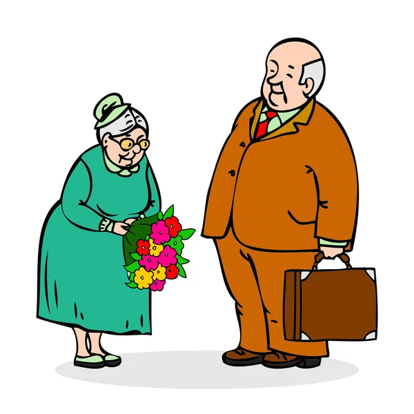Счастливая пожилая пара. Старик с букетом цветов. Пожилые мужчины дают букет пожилой леди. Смешной мужчина и женщина. Празднично одетая пожилая пара. Цветной векторный рисунок на белом фоне — стоковый вектор