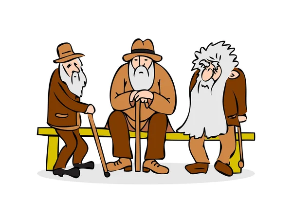 Divertidos tres viejos sentados en el banco. Viejo con sombrero y bastón. Triste abuelo con barba larga sentado en un banco. Una vieja charla grupal. Ilustración colorida del vector de la historieta en fondo blanco — Vector de stock