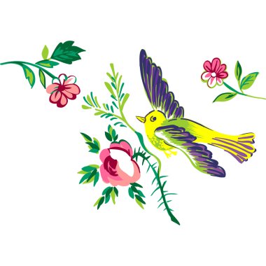 Gül izole beyaz dal çiçek uçan kuş tebrik kartı 