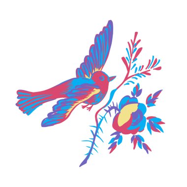 Gül izole beyaz dal çiçek uçan kuş tebrik kartı 