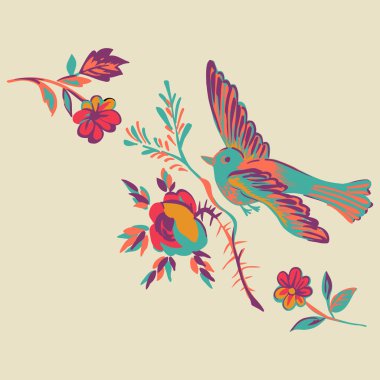 İzole bej dal çiçek gül tebrik kartı uçan kuş hediye illüstrasyon güvercin davet iletisi tasarım öğesi doodles kutlamak