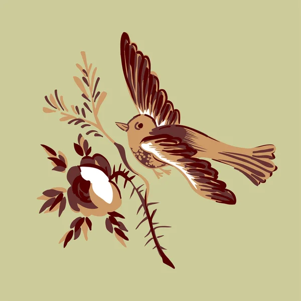 Vogel fliegen isoliert beige Zweig Blume Rose Grußkarte feiern Geschenk Illustration Taube Einladung Nachricht Design-Element Doodles — Stockvektor