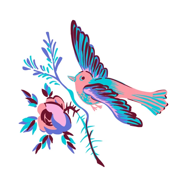 Pájaro volando aislado rama blanca flor rosa tarjeta de felicitación celebrar regalo ilustración paloma invitación mensaje diseño elemento garabatos — Vector de stock