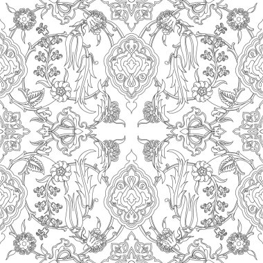 Vektör kiremit oryantal çiçek sorunsuz doodle, çizim Arapça desen çiçek antik, Arabesk çiçek kıvrılmış Desen döşemesi, siyah ve beyaz renkleri etnik 