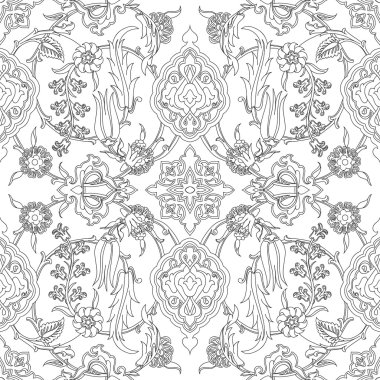 Vektör kiremit oryantal çiçek sorunsuz doodle, çizim Arapça desen çiçek antik, Arabesk çiçek kıvrılmış Desen döşemesi, siyah ve beyaz renkleri etnik 