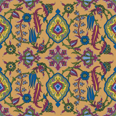 Vektör kiremit oryantal çiçek kesintisiz, etnik çizim Arapça desen çiçek antik, Arabesk çiçek kıvrılmış Desen döşemesi 