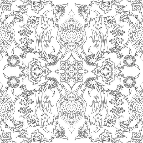 Piastrella vettoriale orientale floreale doodle senza soluzione di continuità, disegno etnico arabico modello floreale antico, arabesco floreale arricciato piastrelle modello, colori bianco e nero — Vettoriale Stock