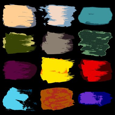 Vektör fırça darbesi, leke boya akrilik, siyah arka plan seti üzerinde el çizim soyut, tasarım çerçeve afiş, etiket için renkli grunge doku deseni. Sarı, kırmızı, mavi, mor, yeşil, menekşe, siyan, bej renkler