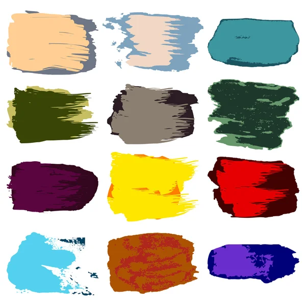 Vektor penseldrag, fläck måla akryl, hand ritning abstrakt på vit bakgrund set, färgglada grunge textur mönster för design Frame banner, etikett. Gul, röd, blå, lila, grön, violett, cyan, beige färger — Stock vektor