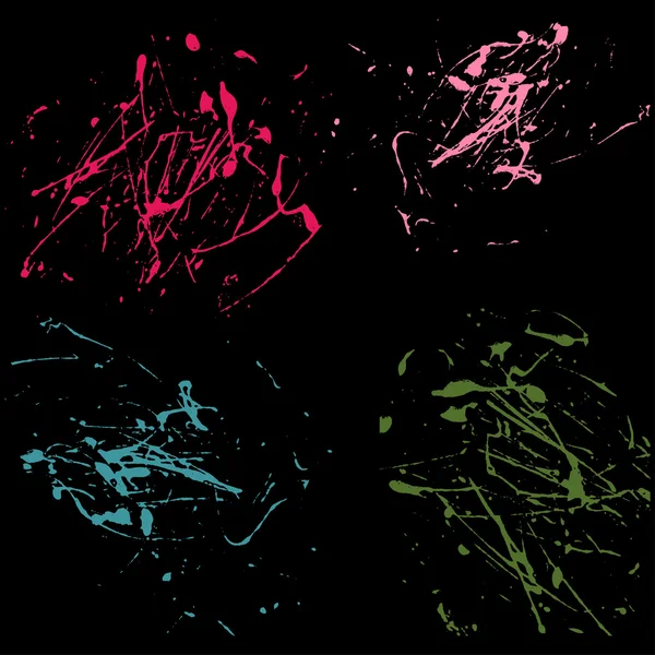 Vektor splatter måla abstrakt på svart bakgrund set hand ritning design konst, fläck stänk bläck röd, rosa, blå, gröna färger grunge textur, spray mönster — Stock vektor