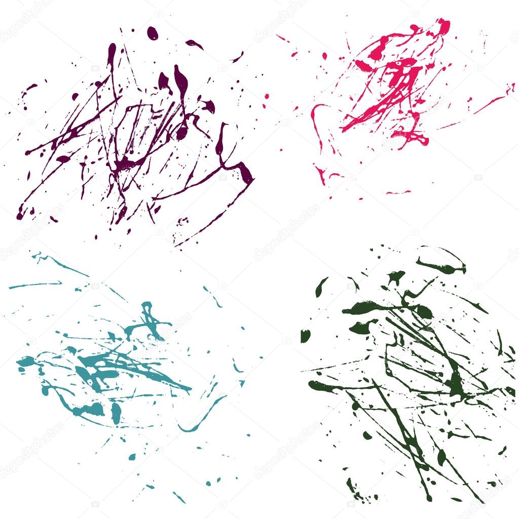Vector splatter paint abstract on white background set hand drawing design art, stain splash ink pink, cyan, green colors grunge texture, spray pattern