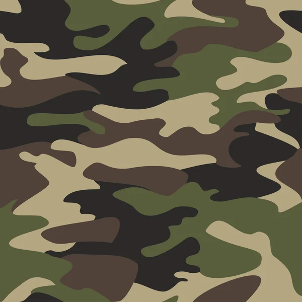 Camuflagem padrão fundo sem costura vetor ilustração. Estilo de roupa clássica mascarando camo repetição imprimir. Verde marrom preto azeitona cores floresta textura — Vetor de Stock