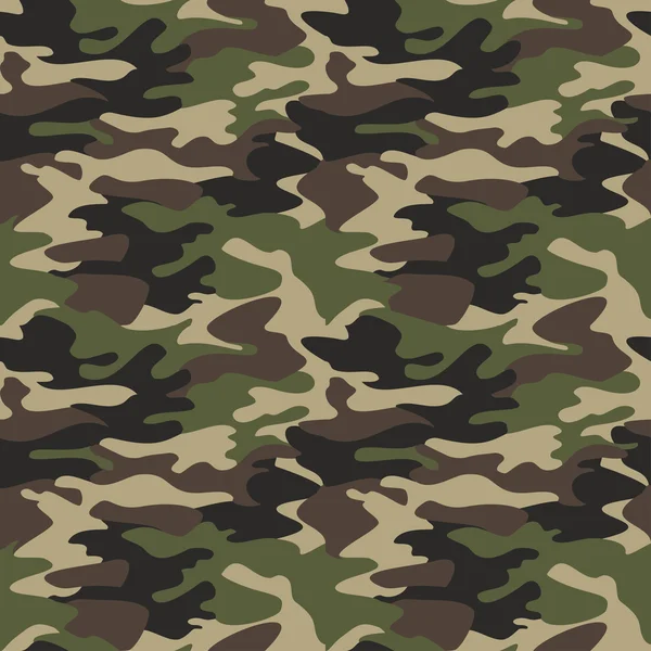 Kamouflagemönster bakgrund sömlös vektor illustration. Klassisk klädstil maskerande camo upprepa tryck. Grön brun svart oliv färger skog struktur — Stock vektor