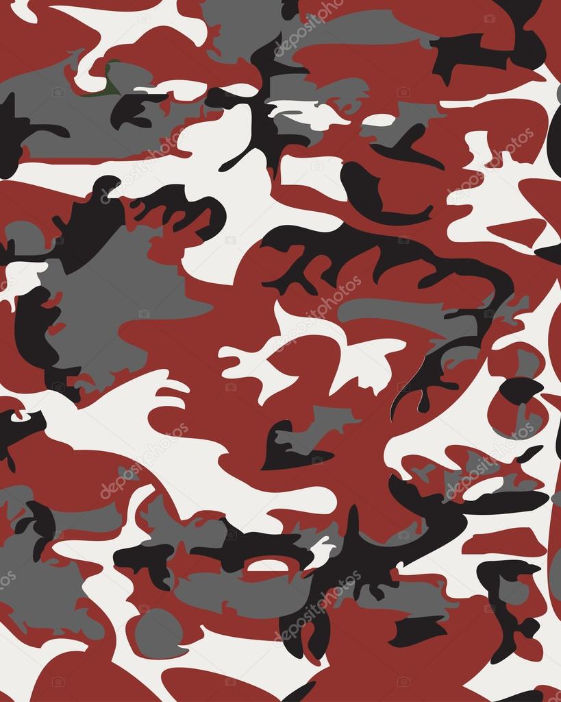 Camouflage pattern background seamless vector illustration. Classic clothing style masking camo repeat print. Red black gray white colors forest texture