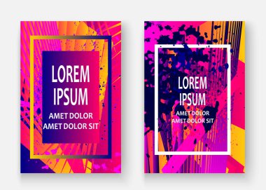 Sanatsal kapak çerçeve tasarımı boya serpme vektör çizimi. Neon bulanık pembe mavi sarı renk gradyanı. Soyut doku geometrik model eğilimi arka planı. Modern sanatsal şablon afişi