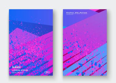 Yaratıcı kapak çerçeve tasarımı boya sıçrama vektörü çizimi. Neon bulanık mavi pembe gradyan suluboya soyut şablon tasarım broşürü. Renkli çizgili çizgi desenli geometrik şekil arkaplanı
