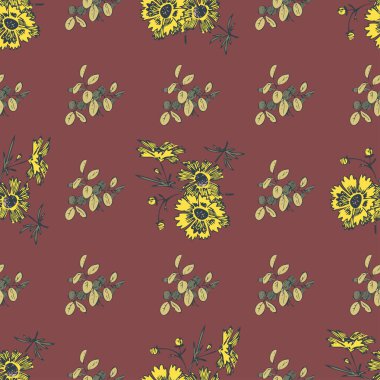 El çizimi papatyalar, pürüzsüz desenli soyut arka plan duvar kağıtları. Çizgi sanatı botanik çizimi. Grafik tasarımı için renkli bordoda çiçek duvar sanat vektörü illüstrasyonuName