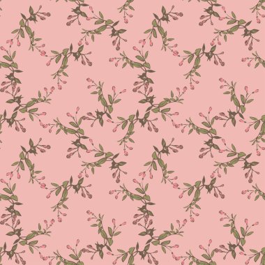 Elle çizilmiş yeşil dallar, pembe çiçekler, çiçeksiz desenler, soyut duvar kağıdı vektörü. Çizgi sanatı botanik ambalaj çizimi grafik tasarım baskısı için. Doğa yeşili