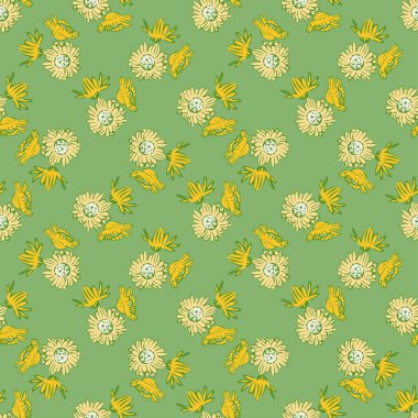 Kasımpatı çiçeği çizimi, sarı renkte çiçek, çiçeksiz desen, doğa soyut arka plan vektörü. Çizgi sanatı botanik çizimi grafik baskı, kumaş. Moda yeşil duvar kağıdı