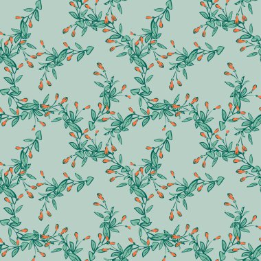 Tomurcuklu okaliptüs ağacı dalı, çiçeksiz desen, soyut arka plan vektörü. Çizgi sanatı botanik çizimi grafik baskı, kumaş. Moda yeşil nane renkleri duvar kağıdı