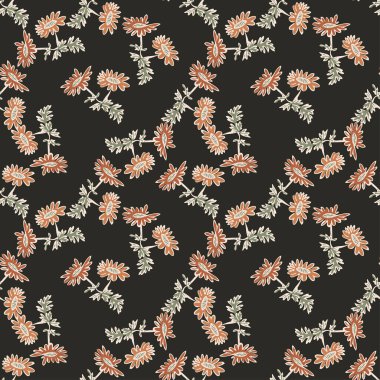 Kasımpatı çiçekleri çizimi, kahverengi renkte çiçek, çiçeksiz desen, doğa soyut arka plan vektörü. Çizgi sanatı botanik çizimi grafik baskı, kumaş. Moda siyah duvar kağıdı