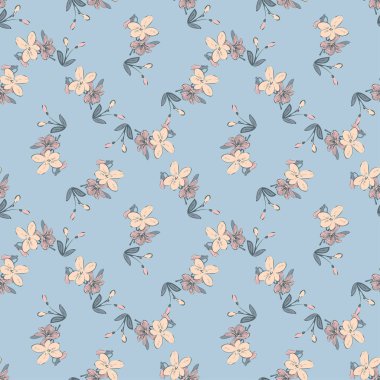 Çayır çiçekleri çiziyor. Çiçeksiz şirin desenli el çizimi. Doğa soyut arka plan vektör duvar kağıdı. Çizgi sanatı botanik resim grafik tasarımı baskısı. Moda pastel mavi, bej rengi