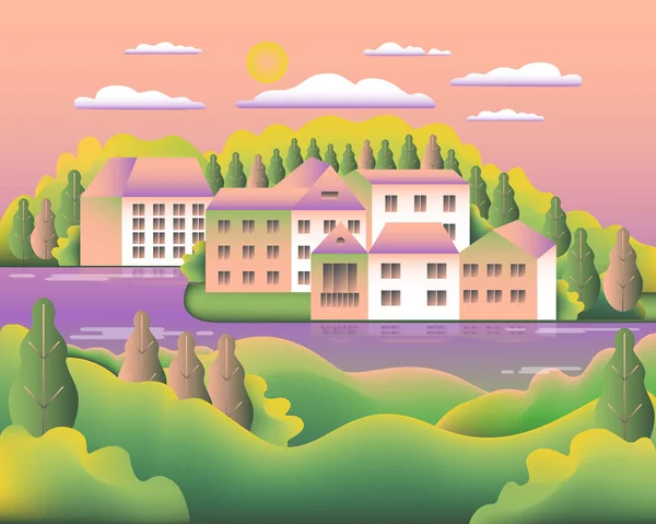 风景村 农村谷地农村带有房屋 平板设计的建筑 绿色粉色渐变色 卡通背景矢量图解 — 图库矢量图片