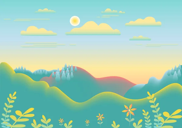 平らなスタイルのデザインで山の風景です 美しいフィールド 雲と太陽 谷の森 木と農村部の場所 青黄色のグラデーションカラー — ストックベクタ