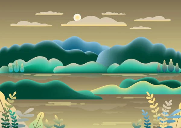 Paisaje Colinas Diseño Estilo Plano Hermoso Campo Prado Montañas Cielo — Vector de stock