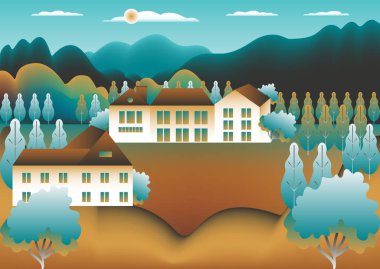 Manzara köyü, dağlar, tepeler, ağaçlar, orman. Kırsal vadi manzaralı çiftlik evi, düz stil bir bina. Mavi kahverengi eğimli renkler. Çizgi film arkaplan vektörü çizimi