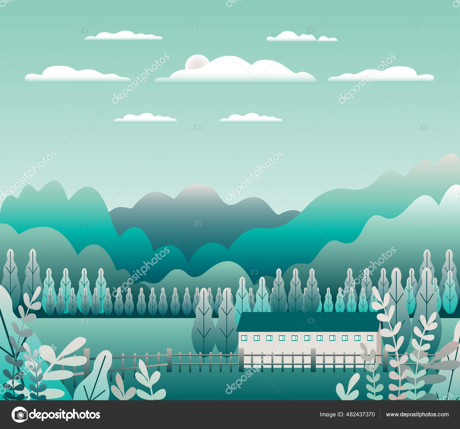 最小的风景村乡村山谷的风景农村带有房屋建筑采用平板式设计蓝色的石灰渐变色卡通背景矢量 图库矢量图像 C Cosveta