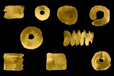 Altın sarısı akrilik parıltılı boya grunge fırça darbeleri siyaha izole edilmiş. Parıldayan altın damlalar ve lekeler soyut arkaplan, ışıldayan vektör çizimi