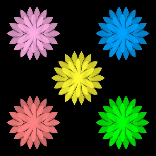 Flores de colores aislados sobre fondo negro conjunto — Vector de stock