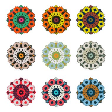 Vector round colorful flower vintage set, circle background
