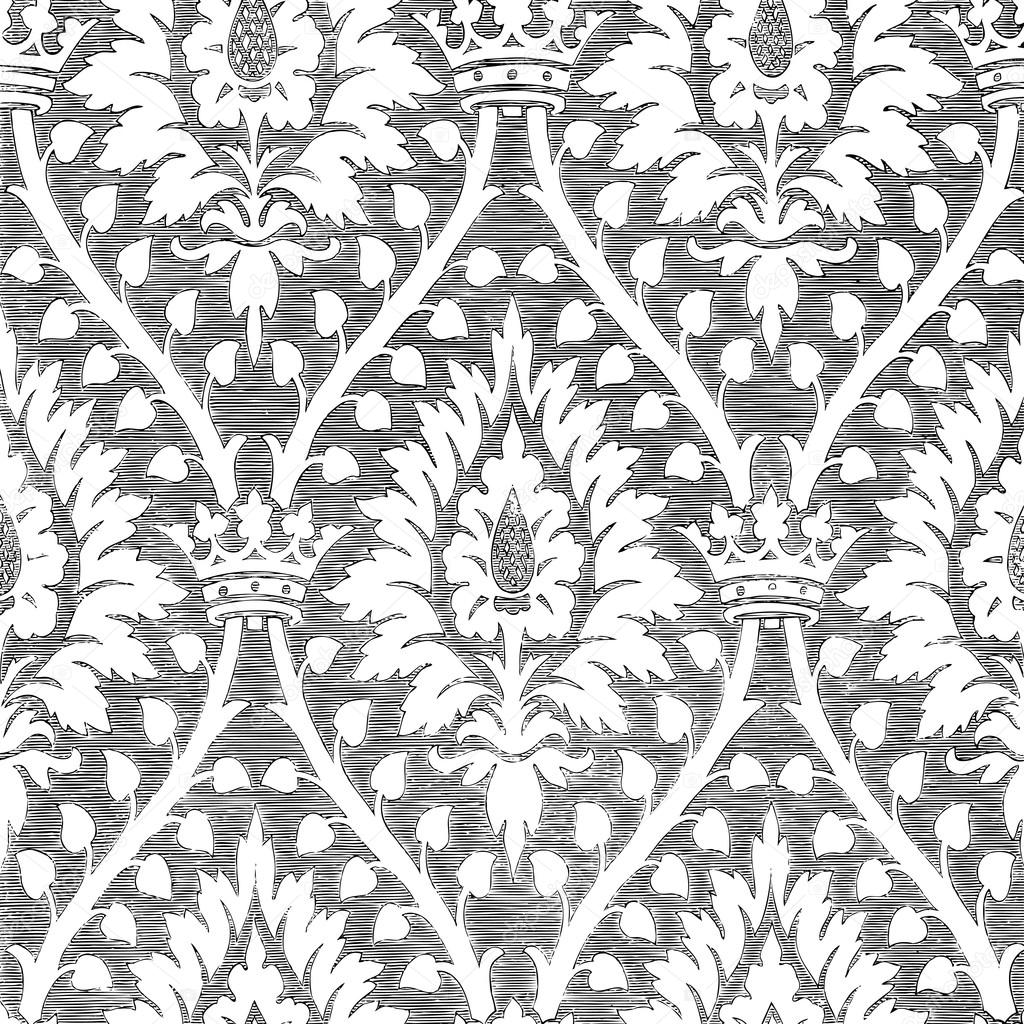 Abstract hand-drawn floral seamless pattern with crown, vintage background
